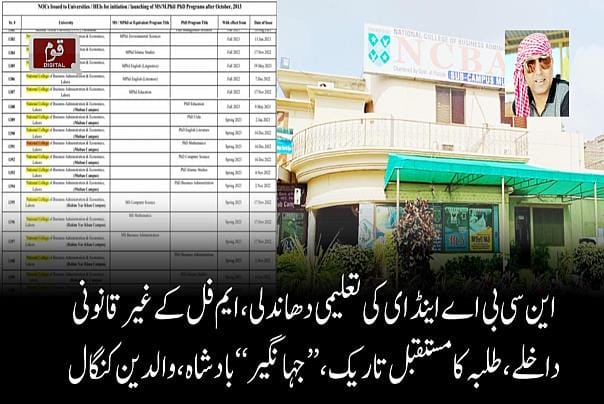 این سی بی اے اینڈ ای کی تعلیمی دھاندلی،ایم فل کےغیرقانونی داخلے،طلبہ کا مستقبل تاریک،’’جہانگیر‘‘بادشاہ ،والدین کنگال